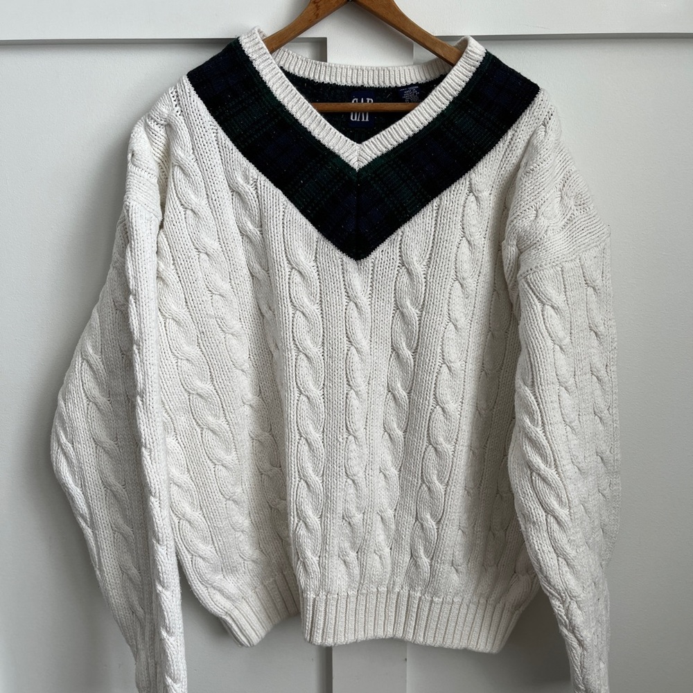 Vintage GAP Tennis Varsity Preppy V-Neck Cable Knit Sweater Cream Plaid XL